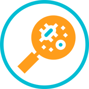 An icon showing a magnifying glass looking at viruses, representing mechanistic immunology.